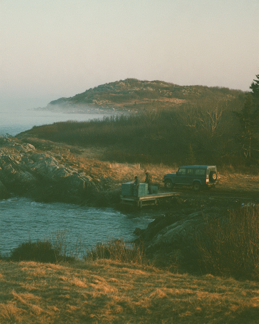 A vehicle and figures at a jetty on a headland at dusk.