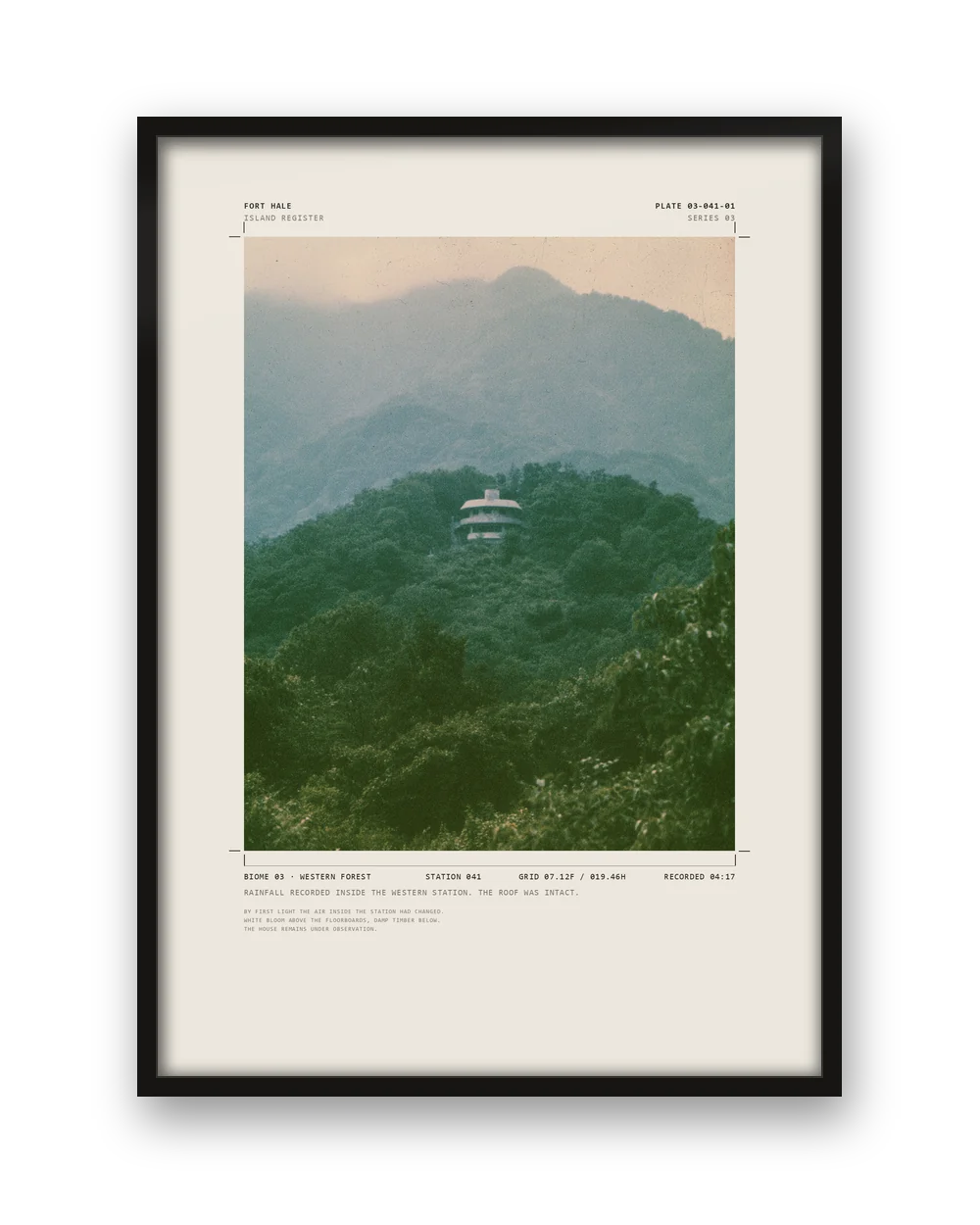 The Rain House print in a black frame.