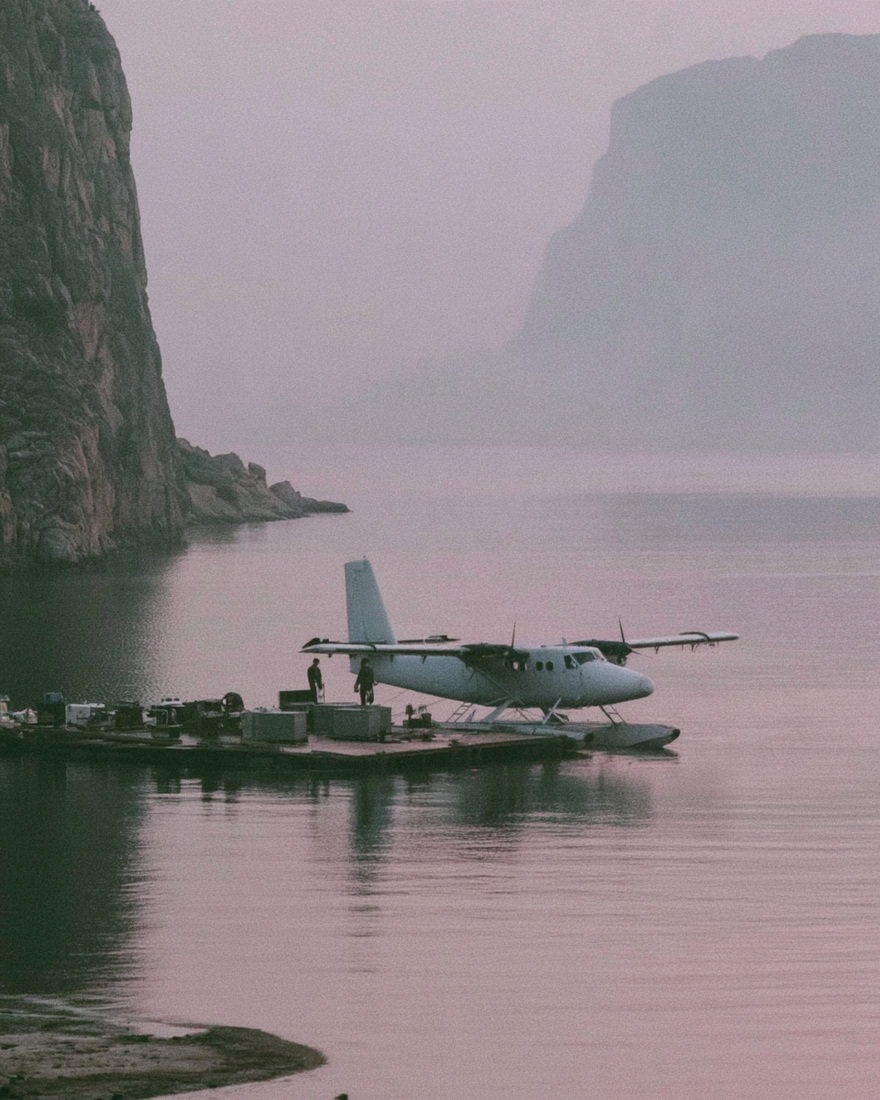 A seaplane moored at a floating dock in a still bay.