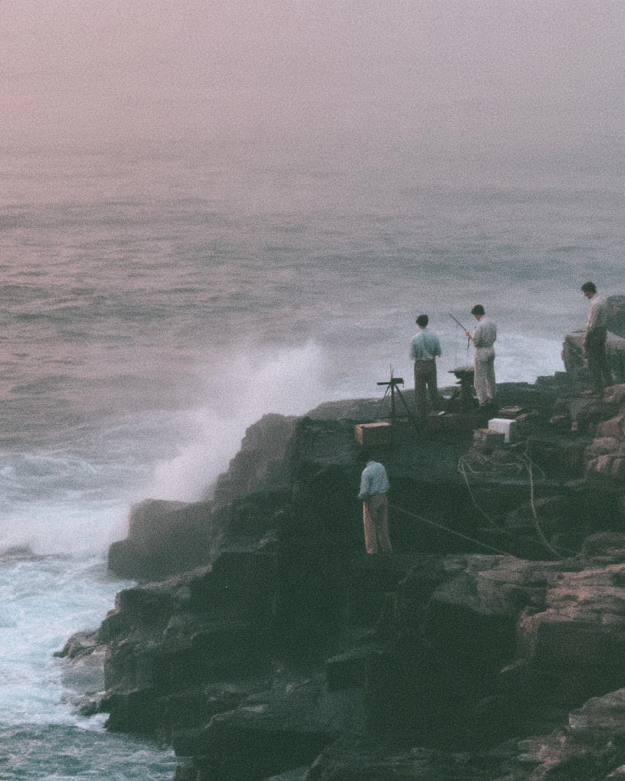 Figures with a surveying tripod above heavy surf.