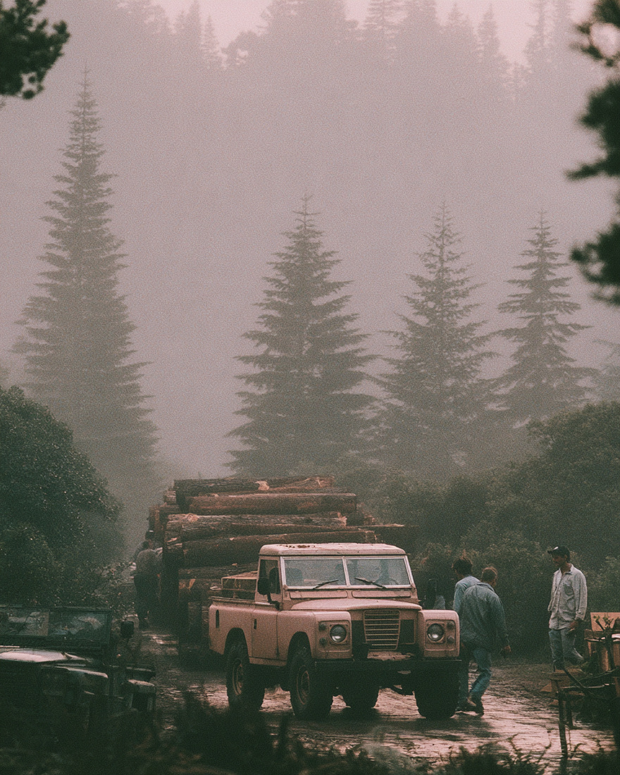 Timber trucks on a wet forest road in fog.